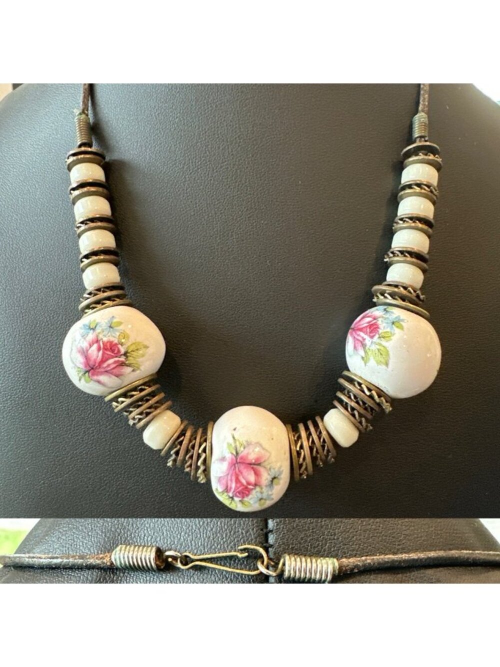 VTG Brass Rose Transfer Ceramic Milk Glass Bead Necklace Boho 1950s Cord 